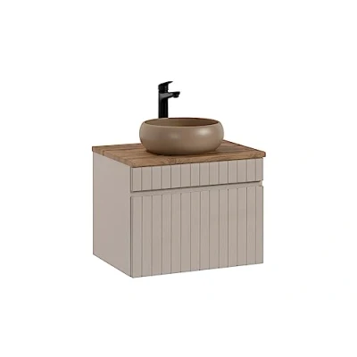 Abbildung von Waschbeckenunterschrank 60 cm Iconic Cashmere, Hängender Badezimmerschrank, Badezimmerschrank mit Arbeitsplatte, gerippte Türen, Kaschmirfarbe (Eiche Arbeitsplatte)