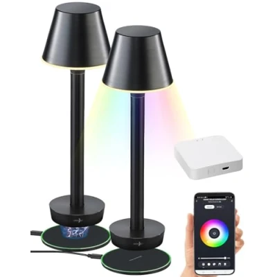 Abbildung von Lunartec Tischlampe Akkubetrieb: 2er Set Smarte Outdoor mit WLAN Gateway, RGB CCT LEDs, App (Tischlampen Terrassentisch, LED Schreibtischleuchte Akku, Home)