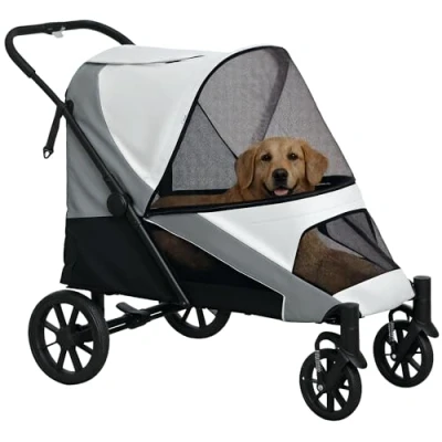 Abbildung von PawHut Hundewagen Hundebuggy klappbar für große Hunde &amp; Katzen bis 30 kg Katzenbuggy mit Kissen Netzfenstern Türen Aufbewahrungstasche Katzenwagen Sicherheitsleinen, Bremsen, Buggy Grau