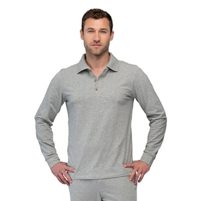 Abbildung von greenjama Herren Langarm Shirt mit Polo Kragen Pyjamaoberteil, Grey, L