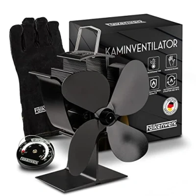 Abbildung von Falkenwerk Kaminventilator ohne Strom Leiser, effizientzer, wärmebetriebener Ofenventilator, energiesparend, mit Handschuhen und Thermometer