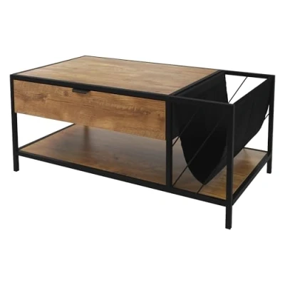 Abbildung von ML Design Couchtisch 100x54x45 cm Braun Eiche Rustikal, Sofatisch aus Holz, Wohnzimmertisch mit Metallgestell und 2 Ablagen, Beistelltisch Schublade &amp; Zeitschriftenfach, Kaffeetisch für Wohnzimmer