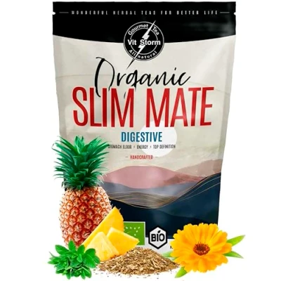 Abbildung von Mate Tee BIO. Slim Tea. Yerba Digesive Energie, Detox, Darmkur, Magen mit Minze, Fenchel, Ingwer, Süßholz, Melisse, Calendula, Ananas Entgiftungskur Natürliche Zutaten 100g VITSTORM
