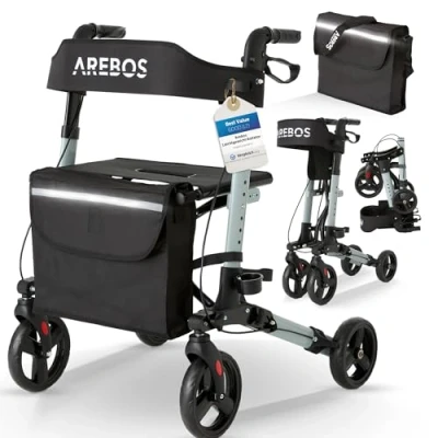 Abbildung von Arebos Rollator Aluminium, 6 fach höhenverstellbar, bequeme Sitzfläche, Stockhalter