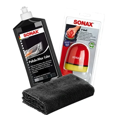 Abbildung von detailmate SONAX Hand Polier Set: Polish+Wax Color schwarz 500ml Politur + P Ball ergonomischer Edgeless Superflausch Mikrofaser Poliertuch 40x40cm, 550GSM