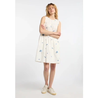 Abbildung von DREIMASTER Vintage Midikleid für Damen M / Off White Blau 100% Baumwolle