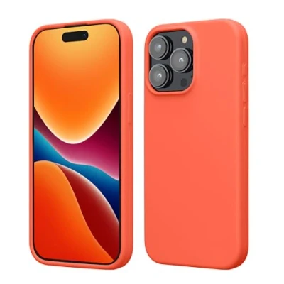 Abbildung von kwmobile Hülle für das iPhone 15 Pro Max Silikon Handy Case stoßfeste Handyhülle mit weicher Oberfläche Leuchtende Koralle