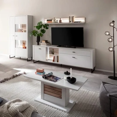 Abbildung von Wohnwand Wohnmöbel Set weiß mit Eiche Lamellen 4 teilig Modern, 1 Vitrine, Wandboard, Lowboard, Couchtisch inkl. LED Beleuchtung