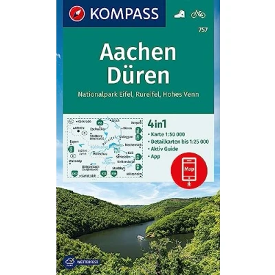 Abbildung von KOMPASS Wanderkarte 757 Aachen, Düren, Nationalpark Eifel, Rureifel, Hohes Venn 1:50.000: 4in1 mit Aktiv Guide und 1:25000 Karten, ... Verwendung in der App. Fahrradfahren.