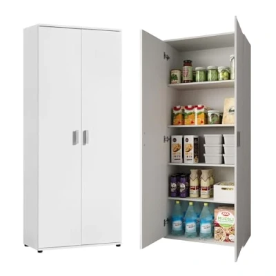 Abbildung von Mehrzweckschrank 75 cm breit mit 2 Türen &amp; 4 Einlegeböden, Vielseitiger Haushaltsschrank für Vorräte, Putzmittel, Akten, Universalschrank Haushalt, Flur, Büro, Keller, 75x35x184 (BxTxH), Weiß