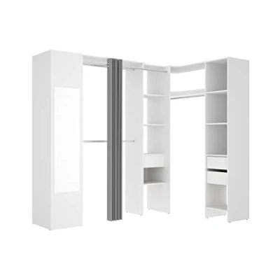 Abbildung von Vente unique Eckkleiderschrank Mit Vorhang &amp; 1 Tür Spiegel B 231 cm Weiß Grau Bertrand