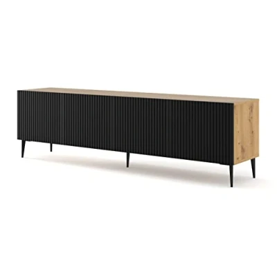 Abbildung von Lowboard TV Schrank Ravenna B 4D 200 cm gefräste dekorierte MDF Fronten auf schwarzen Metallbeinen Stehen Unterschrank Fernsehschrank Board Sideboard HiFi Tisch (Eiche Artisan + Schwarz Matt)