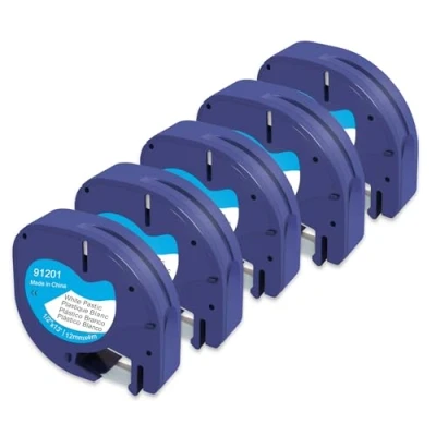 Abbildung von Molabel Kompatibles Letratag 91221 S0721660 91201, 12 mm x 4 m, Schwarz auf Weiß, Kunststoff Band, Kompatibel mit Dymo LT 100H 100T XR 200B (5er Pack)