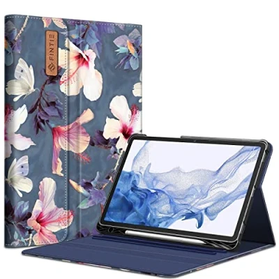 Abbildung von Fintie Hülle für Samsung Galaxy Tab S8 11 Zoll 2022 /S7 2020, Multi Winkel Betrachtung Folio Schutzhülle mit S Pen Halter Dokumentschlitze Auto Schlaf/Wach, Blühender Hibiskus