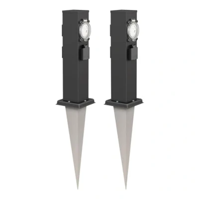 Abbildung von ledscom.de 2 Stück Garten Steckdosen Säule Polly mit Erdspieß für außen, IP44, 3 Fach Timer/Zeitschaltuhr, Edelstahl, eckig, schwarz, 38cm