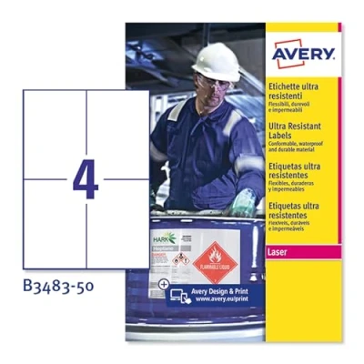 Abbildung von Avery B348350 A4 Ultra robuste Wasserdicht GHS Etiketten, bs5609 zertifiziert, für alle Drucker, 105 x 148 mm, weiß