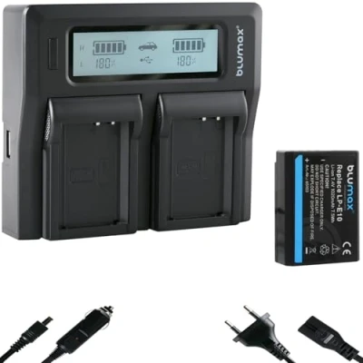 Abbildung von Blumax Akku LP E10 1020mAh + Doppelladegerät / LC E10e Dual Charger passend zu Canon EOS 1100D 1200D 1300D Rebel T3 T5 T6 2 Akkus gleichzeitig Laden