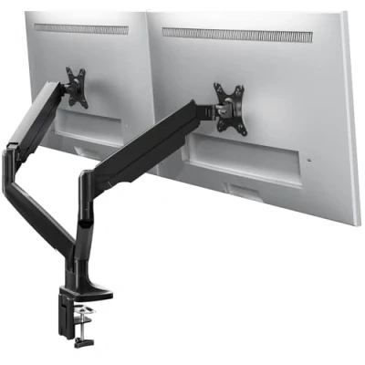 Abbildung von PUTORSEN Monitor Tischhalterung 2 Monitore Premium Aluminium Ergonomische Schwenkbare Neigbare Höhenverstellbar Monitorhalterung für zwei 17&quot; 32&quot; LED LCD Bildschirme VESA 75x75 100x100mm, 10kg/Arm