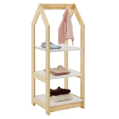 Abbildung von IDIMEX Kinder Regal Sally Hausform, Natur/weiß, nach Montessori. Kinderregal miit 3 Ablageböden, praktische Haken für Organisation. Regale Kinderzimmer, Kindermöbel,