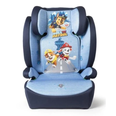 Abbildung von Paw Patrol Kinderautositz für die Sicherheit von Kindern mit einer Höhe 100 bis 150 cm Grafiken der niedlichen Hunde Chase, Rubble und Marshall auf hellblauem blauem Grund