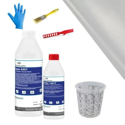 Abbildung von DD Composite Reparatur Set Auto,Boot und Motorrad 700g Epoxidharz mit Härter 1m² Glasfilamentgewebe Handschuhe Pinsel Rührstab Mischbecher