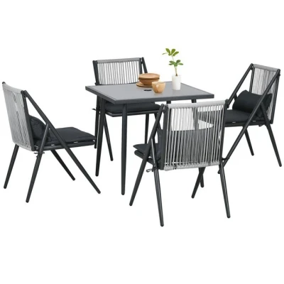 Abbildung von Outsunny Sitzgruppe 5 TLG. Gartenmöbel Set, Balkonmöbel Set mit 1 Tisch, 4 Stühlen, Gartengarnitur Schirmloch, für Balkon, Terrasse, Polyester, Dunkelgrau