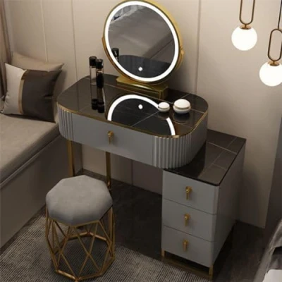 Abbildung von SJDUYD Schminktisch mit gepolstertem Hocker, Make up Spiegel 3 Farben Lichtern, Nachttisch Aufbewahrungsschrank, Moderne Schlafzimmerkommode aus Holz großen Schubladen Grey Black,70cm