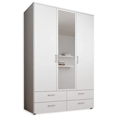 Abbildung von SPAZIO Kleiderschrank mit Spiegeltür in Weiß Vielseitiger Drehtürenschrank 3 türig für Ihr Schlafzimmer 138 x 199 48 cm (B/H/T)