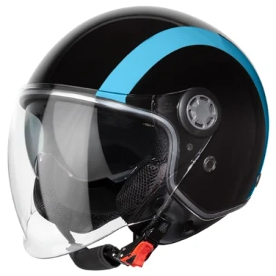 Abbildung von VINZ Jungbu Jethelm mit Doppelvisier Roller Helm Fashionhelm Streifen In Gr. XS XXL Jet Sonnenblende ECE 22.06 Zertifiziert Motorradhelm Visier Blau