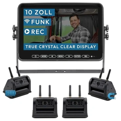 Abbildung von VSG24 10“ Element HD XL 4 Kameras Funk Rückfahrsystem Akku Magnet für Wohnmobil &amp; LKW, KFZ Set kabellos inkl. Rückfahrkamera + Monitor, DIY Nachrüstung 12V 24V, Kamera digital, Auto Rückspiegel