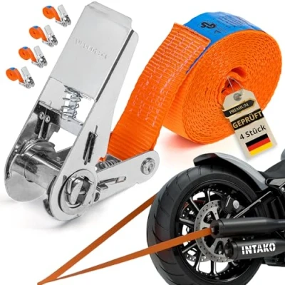 Abbildung von INTAKO Spanngurte mit Ratsche 800kg x 25mm 4 Stück Mini Spanngurt Set Zurrgurt Klein Einteilig Ratschengurt Orange TÜV GS Zertifiziert DIN EN 12195 2 (6m)