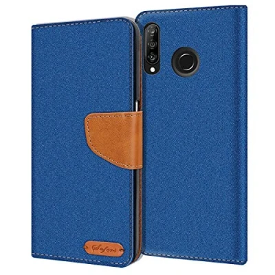 Abbildung von Verco kompatibel mit Huawei P30 Lite Hülle, Schutzhülle für Tasche Denim Textil Book Case Flip Klapphülle, Blau