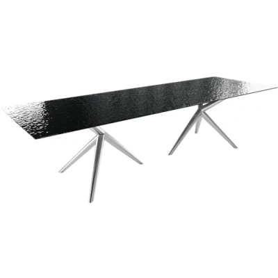 Abbildung von Esstisch Edge 300x100 Reliefglas Rauchschwarz 3D Design Estelar rund Edelstahl