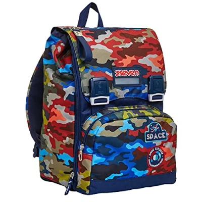 Abbildung von Seven Rucksack, Backpack für Schule, Uni &amp; Freizeit, Erweiterbarer Schulranzen, Geräumige Schultasche Teenager, Mädchen und Jungen, Extra Platz, blau/rot CAMO STAINS