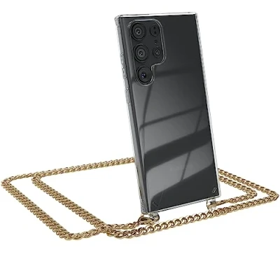 Abbildung von EAZY Case Handykette kompatibel mit Samsung Galaxy S23 Ultra, Bumper Kordel zum Umhängen, Cover, Transparent Handyhülle Schnur, Wechsel Schnur Austauschen Metall Gold