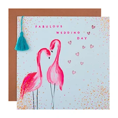 Abbildung von Hallmark Glückwunschkarte zur Hochzeit, modernes quadratisches Design mit neonfarbenen Flamingos