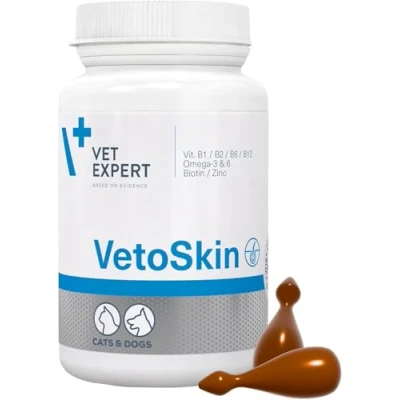 Abbildung von VetExpert VetoSkin 90 Kapseln für Hunde und Katzen, enthält Omega 3 6 Fettsäuren zur Unterstützung von Fell Haut