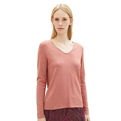 Abbildung von TOM TAILOR Damen Basic Strickpullover mit V Ausschnitt, 33157 Fading Rose Melange, XXL
