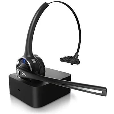 Abbildung von CSL Bluetooth 5.0 Headset mit Ladestation PC flexiblem Mikrofon Multipoint kabellos leicht freisprechen für Auto und LKW Computer Call Center Handys