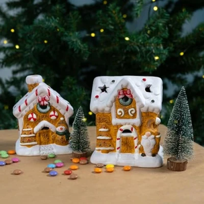 Abbildung von Keramik LED Haus 2er Set Lebkuchenhaus klein und groß Weihnachtsdeko Tisch Deko Dekofigur