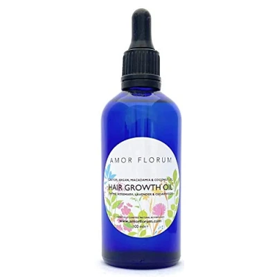 Abbildung von 100% Natürlich HAARWACHSTUM ÖL RIZIN, ARGAN, MACADAMIA mit THYMIAN, ROSMARIN, LAVENDEL &amp; ZEDERNHOLZ 100 ml von AMOR FLORUM. Natürliche Öle und aktive Pflanzenstoffe zur Förderung des Haarwachstums