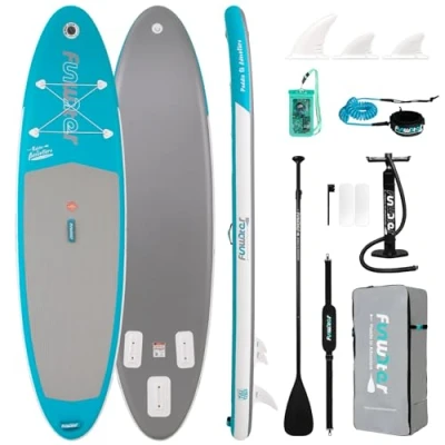 Abbildung von FunWater Sup Board Aufblasbare Stand Up Paddling Paddleboard mit Pumpe, Leine, Paddel, Rucksack für Erwachsene, Jugendliche und Kinder (Grün Silber)