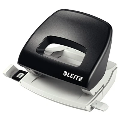 Abbildung von Leitz Kleiner Büro Locher aus Metall, 16 Blatt, Anschlagschiene mit Formatangaben, Ergonomisches Design, schwarz, 50380095