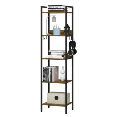 Abbildung von WOLTU Lagerregal mit 5 Ebenen, Küchenregal 4 Haken, Bücherregal im Industriestil, Standregal Wohnzimmer Küche, schmales Leiterregal, Schwarz + Vintage Holzoptik, 40x30x152,5cm