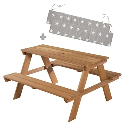 Abbildung von roba Kinder Outdoor+ Sitzgruppe inkl. Sitzkissen Picknick for 4 Garten Sitzgarnitur aus wetterfestem Massivholz Plätze Teak