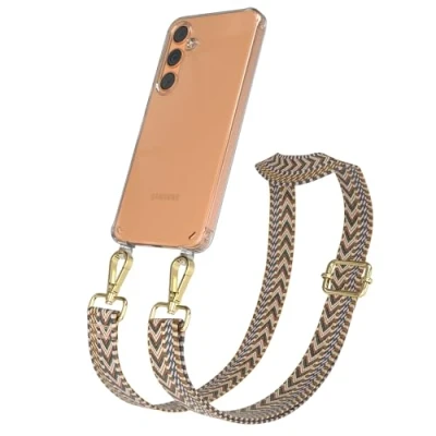 Abbildung von EAZY CASE Handykette mit verstellbarem Trageriemen kompatibel Samsung Galaxy S24 Plus Taschengurt transparenter Handyhülle für Hülle dünner Schulterriemen in Braun Gold