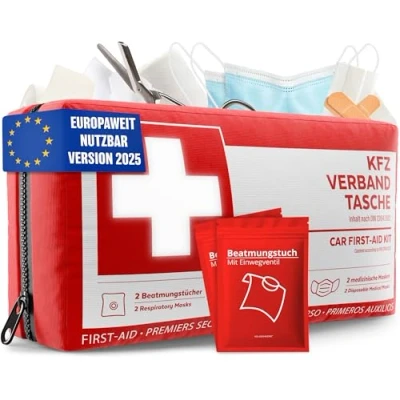 Abbildung von KFZ Verbandstasche nach aktueller Norm 2025 inkl. Beatmungstüchern Verbandskasten europaweit nutzbar Erste Hilfe Set Verbandkasten DIN 13164:2022 (StVO konform)