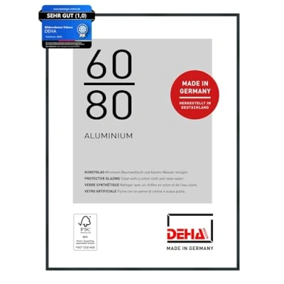 Abbildung von DEHA Design Bilderrahmen, 60 x 80 cm, Aluminium, Schwarz matt, Posterrahmen zum Aufhängen im Hoch &amp; Querformat, bruchsicheres Kunstglas, Tribeca