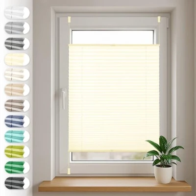 Abbildung von Plissee Klemmfix ohne Bohren, Sonello, Blickdicht, verspannt, 30 cm x 100 Creme Faltrollo, Easyfix, Lichtschutz Sonnenschutzrollo Jalousie Rollo für Fenster &amp; Tür, einfache Montage, in verschiedenen Farben und Größen