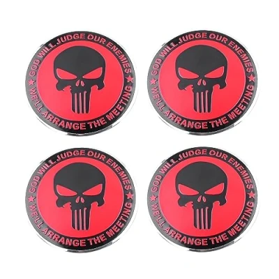 Abbildung von 4 x Punisher Totenkopf Radnabenkappen, Mittelabdeckung, Emblem, Abzeichen, Radkappen, Aufkleber (rot)